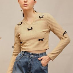 STREET 9 Women Ribbed Bow V-Neck Long Sleeves Crop Top-picture-25