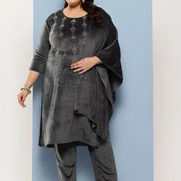 BAESD Women Ethnic Motifs Embroidered Regular Velvet Kurta with Trousers & With Dupatta-picture-9