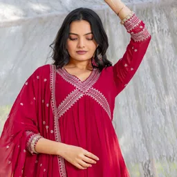 TextileNow Women Ethnic Motifs Embroidered Regular Sequinned Kurta with Trousers & With Dupatta image 5