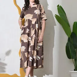 Sangria Floral Printed Cotton Fit & Flare Midi Dress-image-91