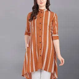 Murcia Women Striped Mandarin Collar Crepe High-Low Longline Top-image-88