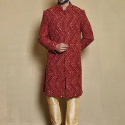 Arihant Rai Sinha Embroidery Pure Silk Mandarin Collar Sherwani Set-picture-41