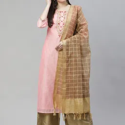 Tulsattva Floral Embroidered Thread Work Straight Kurta With Trousers & Dupatta-18