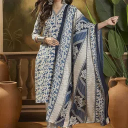 Sangria Floral Printed V Neck Straight Kurta Trouser With Dupatta-30