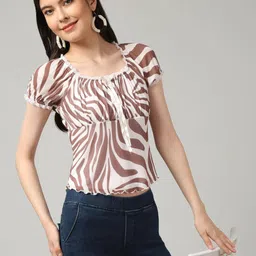 clobug Women Scoop Neck Abstract Print Bow Detail Crop Top-picture-12