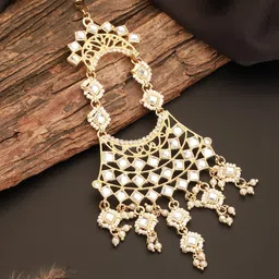Jazz and SizzleGold-Plated Kundan Studded & Beaded Crescent Jhumar Passa Head Jewellery-2
