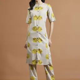 Meena Bazaar Floral Printed Mandarin Collar Rolled-Up Sleeves Straight Kurta With Trousers-image-69