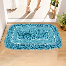 Aura Blue & White Microfibre Soft Anti-Skid Shaggy Doormat-43