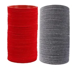 Guddan Set of 96 Red & Grey Metal Velvet Bangles-image-102