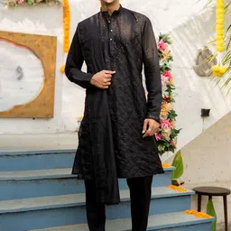 Shasak Ethnic Motifs Embroidered Thread Work Mandarin Collar Sequinned Straight Kurta-image-60