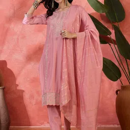 Sangria Floral Embroidered Round Neck Sequinned Straight Kurta With Trouser & Dupatta-picture-31