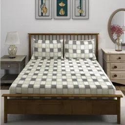SWAYAM Ananda Yellow Printed Pure Cotton 210 TC Fitted Queen Bedsheet Set 1.98 x 1.82m-image-98