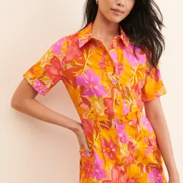 TANDUL Floral Print Short Sleeves Shirt Collar Dress-image-98