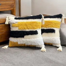 Dolce Casa White & Mustard Set of 2 Geometric Square Cushion Covers-31