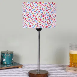Devansh White & Pink Printed Cylinder Wooden Contemporary Table Lamp-26
