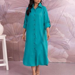 MAAND Women Shirt Collar Roll-Up Sleeves Cotton Shirt Midi Dress-image-92
