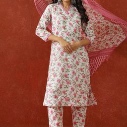 QSH Floral Printed V-Neck Straight Kurta With Trousers & Dupatta-image-74