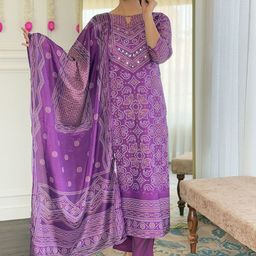 BAPS Bandhani Printed Keyhole Neck Mirror Work Straight Kurta With Trousers & Dupatta-16
