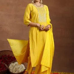 gerua by libas Libas Ethnic Motifs Embroidered Sequinned Straight Kurta With Trouser & Dupatta image 2