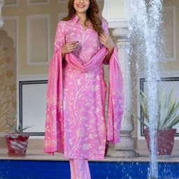 KALINI Floral Printed Shirt Collar Pure Cotton Straight Kurta With Trouser And Dupatta-16