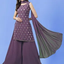 PARROT CREATION Geometric Embroidered Sequinned Georgette Kurti with Sharara And Dupatta-15