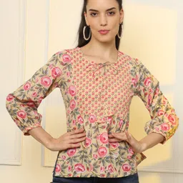 Yufta Women Floral Printed Bishop Sleeves Pure Cotton Peplum Top-picture-11