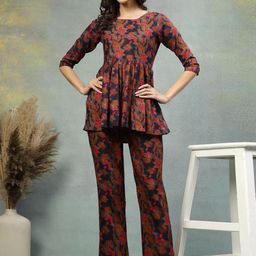 ETC Floral Printed Pure Cotton Round Neck Peplum Top With Trousers Co-Ords-image-66