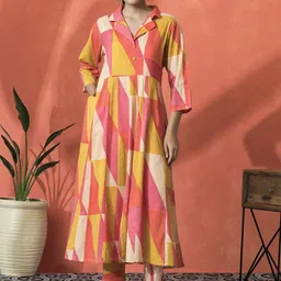 Sangria Colourblocked Shirt Collar A-Line Pure Cotton Kurta With Trousers-49