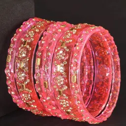 LAVAZZA Set Of 6 Zircon Diamond & Beads Work Glass Bangles-10