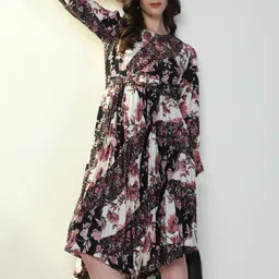 SHOWOFF Black Floral Print Full Sleeves Round neck Crepe Fit & Flare Dress with Belt-picture-3