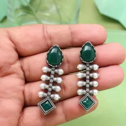 PREYANS Women Green Brass Silver-Plated Oxidized Earrings-image-41