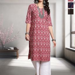 HERE&NOW Selection Of 3 Floral Printed Round Neck Straight Kurtas-picture-14