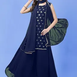 PARROT CREATION Geometric Embroidered Sequinned Georgette Kurti with Sharara And Dupatta-10