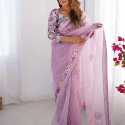 Mitera Floral Beads and Stones Organza Saree-image-63