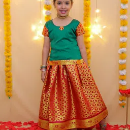 BownBee Girls Woven Design Ready to Wear Pavda Pattu Lehenga & Blouse-picture-43