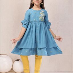 MASTARANG Girls Floral Embroidered Regular Pure Cotton Kurta with Trousers-image-43