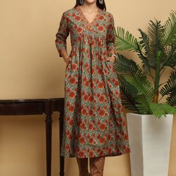 KALINI Floral Printed Sequinned Empire Pure Cotton Anarkali Kurta with Trousers-21