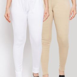 Clora Creation Women Pack Of 2 White & Nude  Solid Ankle-Length Leggings-image-88