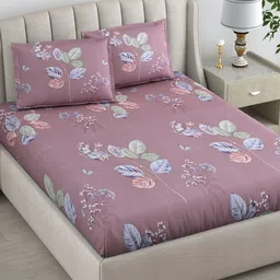 DREAM WEAVERZ 220 TC Pink Blue Floral Glazed Cotton Double Bedsheet with 2 Pillow Covers-image-0