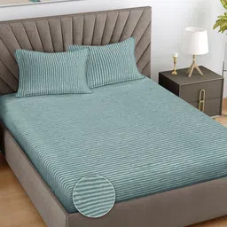 FABINALIV Green & White Striped 300 TC King Bedsheet Set 2.50 m x 2.25 m-image-98