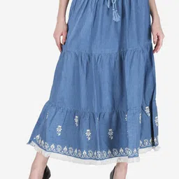 SUMAVI-FASHION Border Embroidered Flared Midi Denim Skirt-picture-28