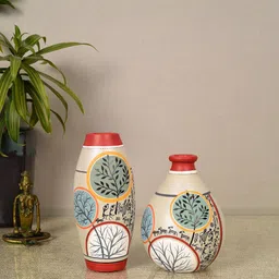 AAKRITI ART CREATIONS Scarlet Bloom 2-Pieces Printed Terracotta Conical Vases-image-82