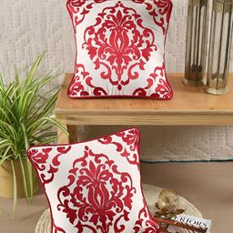 TARAN LIVING Red & White 2 Pcs Embroidered Square Cotton Cushion Covers-24
