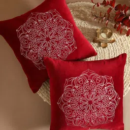 TARAN LIVING Silver-Toned & Red 2 Pcs Embroidered Square Cotton Cushion Covers-22