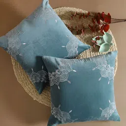 TARAN LIVING Blue & Grey 2 Pieces Floral Square Cotton Cushion Covers-37