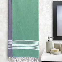 Arrabi Set Of 2 Green & Grey Striped Handwoven Cotton 210 GSM Bath Towel-28