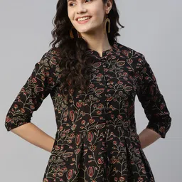 MALHAAR Black & Red Floral Printed Pure Cotton Anarkali Kurti-image-14