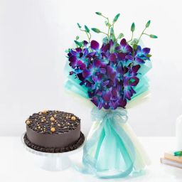 Midnight Truffle Cake And Blue Orchids Bouquet Combo-3