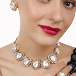 Zaveri Pearls Gold Tone Austrian Diamonds Embellished Choker Necklace Earring & Ring Set-ZPFK17160-image-48