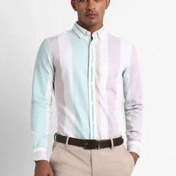 Peter England Elite White Cotton Slim Fit Striped Shirt-image-4